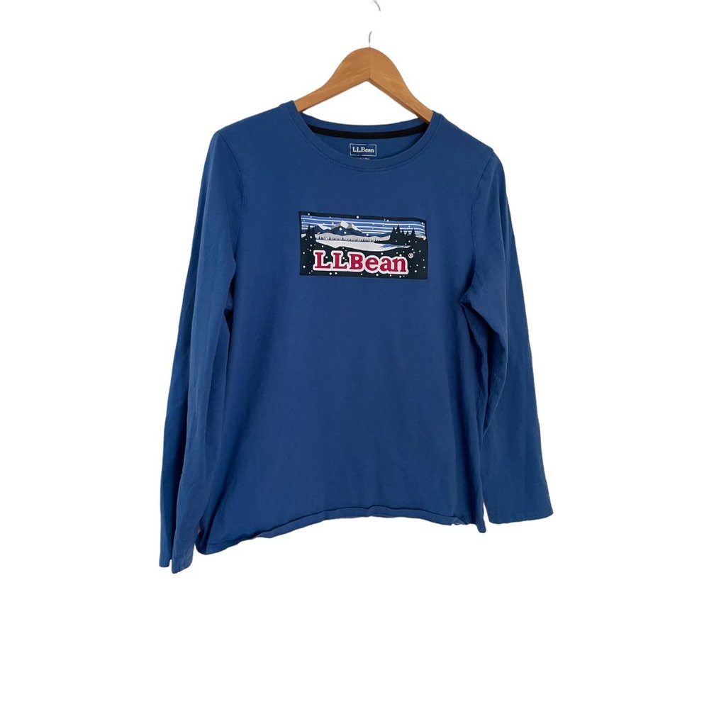 LL Bean T Shirt Large L Blue Winter Mountain Logo Long Sleeve Womens Top